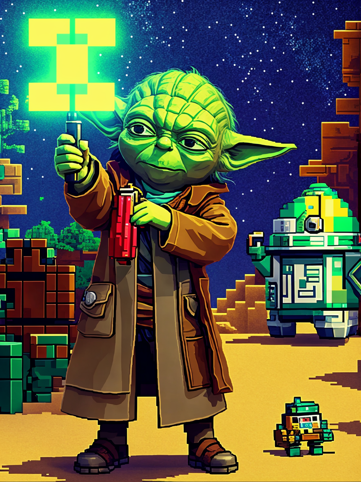 01333-1854106587-2057-, Yoda, posing with pistol, in a village, on sand planet, moons in the sky, pixel art, 8bit, aliasing, contrast, complex stuff.png